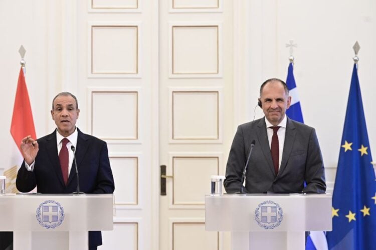 Εικόνα από τη συνέντευξη Τύπου του υπουργού Εξωτερικών Γιώργου Γεραπετρίτη με τον Αιγύπτιο ομόλογό του Abdelatty, στην Αθήνα 
(φωτ.: Μιχάλης Καραγιάννης/ EUROKINISSI)