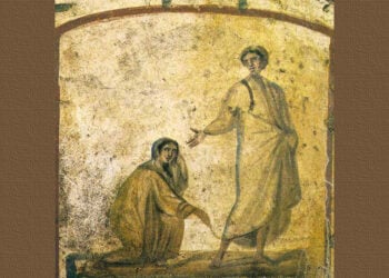Η εικόνα της αιμορροούσας που αγγίζει το χιτώνα του Ιησού για να θεραπευθεί, στις κατακόμβες της Ρώμης (πηγή: commons.wikimedia.org)