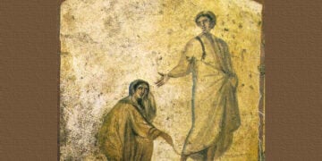 Η εικόνα της αιμορροούσας που αγγίζει το χιτώνα του Ιησού για να θεραπευθεί, στις κατακόμβες της Ρώμης (πηγή: commons.wikimedia.org)