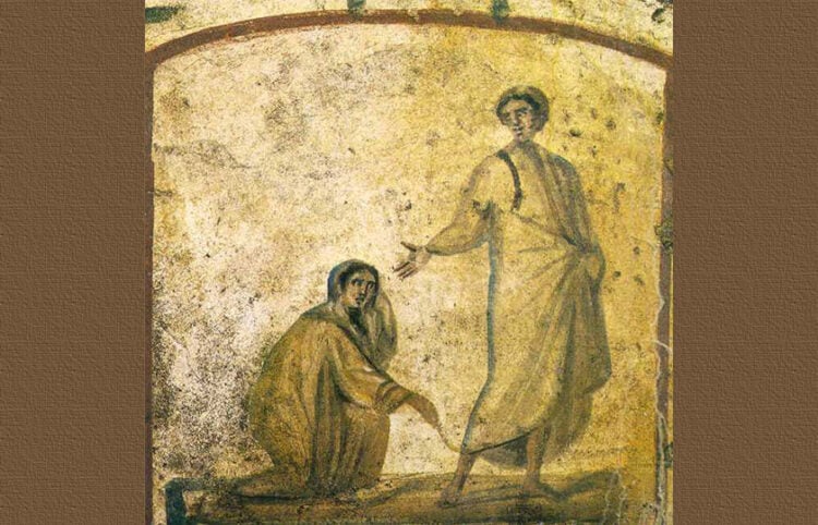 Η εικόνα της αιμορροούσας που αγγίζει το χιτώνα του Ιησού για να θεραπευθεί, στις κατακόμβες της Ρώμης (πηγή: commons.wikimedia.org)