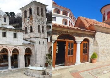Η μονή της Παναγίας Εικοσιφοίνισσας (αρ.) και της Παναγίας Αρχαγγελιώτισσας (δεξ.) (Φωτ.: ΑΠΕ-ΜΠΕ/edit)