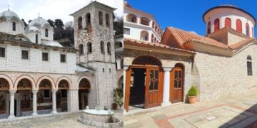 Η μονή της Παναγίας Εικοσιφοίνισσας (αρ.) και της Παναγίας Αρχαγγελιώτισσας (δεξ.) (Φωτ.: ΑΠΕ-ΜΠΕ/edit)