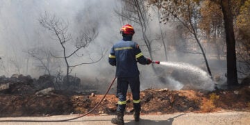 Πυροσβέστης κατά τη διάρκεια κατάσβεσης δασικής πυρκαγιάς (φωτ.: EUROKINISSI / Γιάννης Παναγόπουλος)