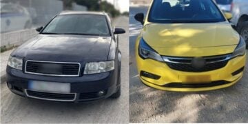 Δύο από τα αυτοκίνητα των διακινητών, τα οποία κατασχέθηκαν από τις αρχές (φωτ.: Γενική Περιφερειακή Αστυνομική Διεύθυνση Ανατολικής Μακεδονίας & Θράκης)
