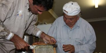 Από αριστερά, ο Con Pape με τον Δήμο Μιχαλόπουλο ενώ ασχολούνται με τις κυψέλες τους (φωτ.: neoskosmos.com)