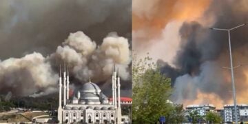 Δύο διαφορετικά στιγμιότυπα από τη φωτιά στην περιοχή των Δαρδανελλίων (φωτ.: Χ/İzmir Manşet/Afa)