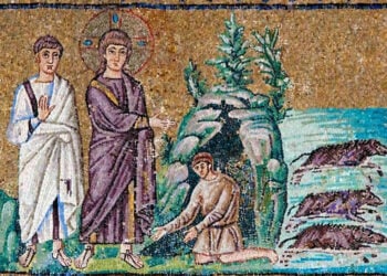 Ο εξορκισμός του δαιμονισμένου Γερασηνού (ψηφιδωτό στη Βασιλική του Αγίου Απολλινάριου του Νέου, στη Ραβέννα. Πηγή: commons.wikimedia.org)