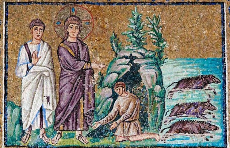 Ο εξορκισμός του δαιμονισμένου Γερασηνού (ψηφιδωτό στη Βασιλική του Αγίου Απολλινάριου του Νέου, στη Ραβέννα. Πηγή: commons.wikimedia.org)