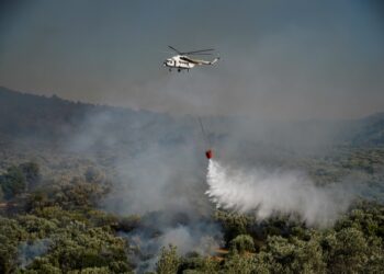 Πυροσβεστικό ελικόπτερο επιχειρεί σε παλιότερη φωτιά στη Λέσβο (φωτ.: EUROKINISSI/Παναγιώτης Μπαλάσκας)