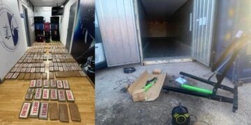 Αριστερά τα πακέτα της κοκαΐνης και δεξιά το κοντέινερ στο οποίο βρέθηκαν (φωτ.: Διεύθυνση Αντιμετώπισης Οργανωμένου Εγκλήματος)
