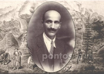 Ο Μιλτιάδης Νυμφόπουλος σε νεαρή ηλικία. Στο φόντο, σχέδιο του Κ. Σπυράντη που πρωτοδημοσιεύτηκε με το άρθρο του Μ.Ν. στην «Ποντιακή Εστία» για το Πάσχα στη Σάντα (εικ.: Χριστίνα Κωνσταντάκη)