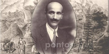 Ο Μιλτιάδης Νυμφόπουλος σε νεαρή ηλικία. Στο φόντο, σχέδιο του Κ. Σπυράντη που πρωτοδημοσιεύτηκε με το άρθρο του Μ.Ν. στην «Ποντιακή Εστία» για το Πάσχα στη Σάντα (εικ.: Χριστίνα Κωνσταντάκη)