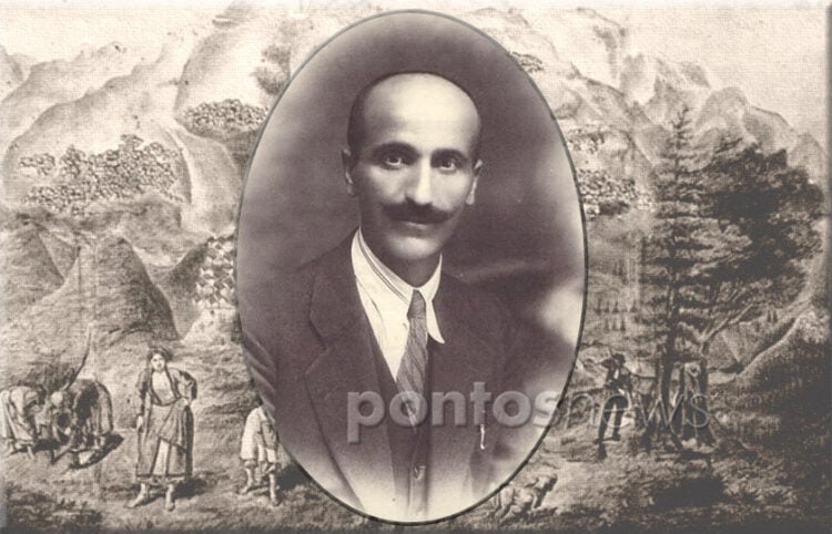 Ο Μιλτιάδης Νυμφόπουλος σε νεαρή ηλικία. Στο φόντο, σχέδιο του Κ. Σπυράντη που πρωτοδημοσιεύτηκε με το άρθρο του Μ.Ν. στην «Ποντιακή Εστία» για το Πάσχα στη Σάντα (εικ.: Χριστίνα Κωνσταντάκη)