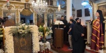 Στιγμιότυπο από τον εσπερινό της εορτής της Κοιμήσεως της Θεοτόκου στην Ίμβρο (φωτ.: facebook/ Ecumenical Patriarchate)