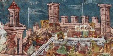 Λεπτομέρεια από τοιχογραφία της Μονής Μολντοβίτα, στη Ρουμανία, που απεικονίζει την πολιορκία της Κωνσταντινούπολης το 626 (πηγή: commons.wikimedia.org)