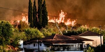 Οι φλόγες κατακαίνε δάσος πάνω από το χωριό Χελιδόνι στην αρχαία Ολυμπία (φωτ.: EUROKINISSI/IlieaLive.gr/Γιάννης Σπυρούνης)