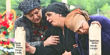 Θρήνος πάνω στους τάφους δύο δίδυμων10χρονων παιδιών (φωτ.: EPA / Sergei Chirikov. Επεξ. εικ.: ΧΚ)