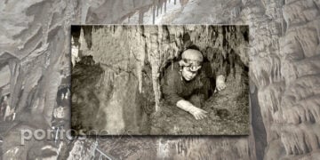 Η Άννα Πετροχείλου επί το έργον, σε φωτ. της ΕΣΕ. Στο φόντο ένα από τα «παιδιά» της, το σπήλαιο Κουτούκι στην Παιανία (φωτ.: Χριστίνα Κωνσταντάκη)