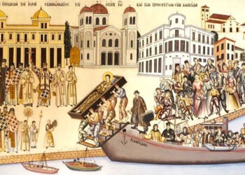 Η υποδοχή του σκηνώματος του Οσίου Ιωάννη και των προσφύγων στη Χαλκίδα. Τοιχογραφία στο ναό στο Προκόπι Εύβοιας (πηγή: oir.gr)