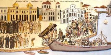 Η υποδοχή του σκηνώματος του Οσίου Ιωάννη και των προσφύγων στη Χαλκίδα. Τοιχογραφία στο ναό στο Προκόπι Εύβοιας (πηγή: oir.gr)