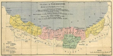 Χάρτης της περιοχής του Πόντου, το 1890, από τον Vital Cuinet. Εδώ φαίνεται το βιλαέτι της Τραπεζούντας που είναι διοικητικά χωρισμένο σε τέσσερα σαντζάκια. Ένα από αυτά ήταν του Λαζιστάν (έκδ. Ernest Leroux / πηγή: commons.wikimedia.org)