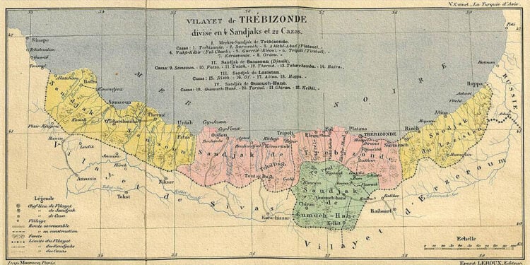 Χάρτης της περιοχής του Πόντου, το 1890, από τον Vital Cuinet. Εδώ φαίνεται το βιλαέτι της Τραπεζούντας που είναι διοικητικά χωρισμένο σε τέσσερα σαντζάκια. Ένα από αυτά ήταν του Λαζιστάν (έκδ. Ernest Leroux / πηγή: commons.wikimedia.org)