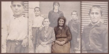 Η Μακρέσα με τις κόρες της Χαρίκλη (καθιστή) και Κάλλη, τον εγγονό της Λάμπη (αριστερά) γιο της Κάλλης και του ήρωα της Μάχης των Ευζώνων Αλέξη Γρηγοριάδη και τον εγγονό της Πέτρο γιο του Αλέξη Ιωαννίδη προέδρου της κοινότητας Ευζώνων. Η φωτογραφία βγήκε μετά την λήξη του Β’ Π.Π. και τα δύο αγόρια ήταν ήδη ορφανά από πατέρα (φωτ. Αρχείο: Αλεξίας Ιωαννίδου)