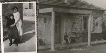 Η Μακρέσα με την εγγονή της Ελπίδα, κόρη του Αλέξη Ιωαννίδη και το προσφυγικό σπίτι τους στους Ευζώνους (φωτ.: Αρχείο Αλεξίας Ιωαννίδου)