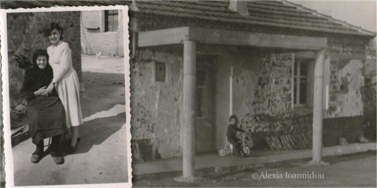 Η Μακρέσα με την εγγονή της Ελπίδα, κόρη του Αλέξη Ιωαννίδη και το προσφυγικό σπίτι τους στους Ευζώνους (φωτ.: Αρχείο Αλεξίας Ιωαννίδου)