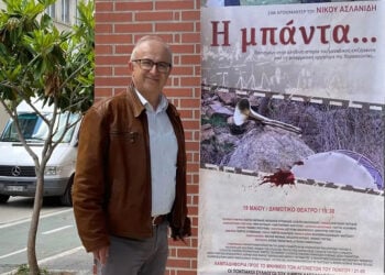 Ο Νίκος Ασλανίδης μπροστά στην αφίσα του βραβευμένου (και ίσως επίμαχου) ντοκιμαντέρ του «Η μπάντα» (πηγή: voria.gr)