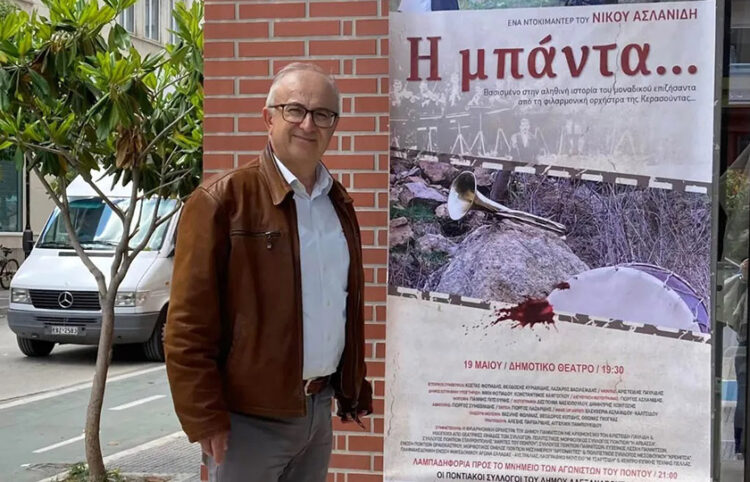 Ο Νίκος Ασλανίδης μπροστά στην αφίσα του βραβευμένου (και ίσως επίμαχου) ντοκιμαντέρ του «Η μπάντα» (πηγή: voria.gr)