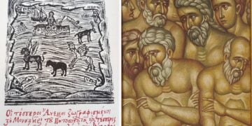 Αριστερά η λίμνη της Γεννησαρέτ από τοιχογραφία ιεράς μονής Βατοπαιδίου και δεξιά λεπτομέρεια από τους 40 μάρτυρες (φωτ.: Αγιορειτική Εστία)