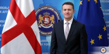 Ο Βλαντίμιρ Κωνσταντινίδης με φόντο το έμβλημα του υπουργείου Εξωτερικών της Γεωργίας (πηγή: mfa.gov.ge)