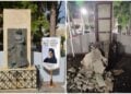 Δεξιά το βανδαλισμένο μνημείο στην Πλατεία Μικρασιατών στην Ελευσίνα (φωτ.: Facebook / Σύλλογος Μικρασιατών Ελευσίνας - Μουσείο Ιστορίας και Λαογραφίας)