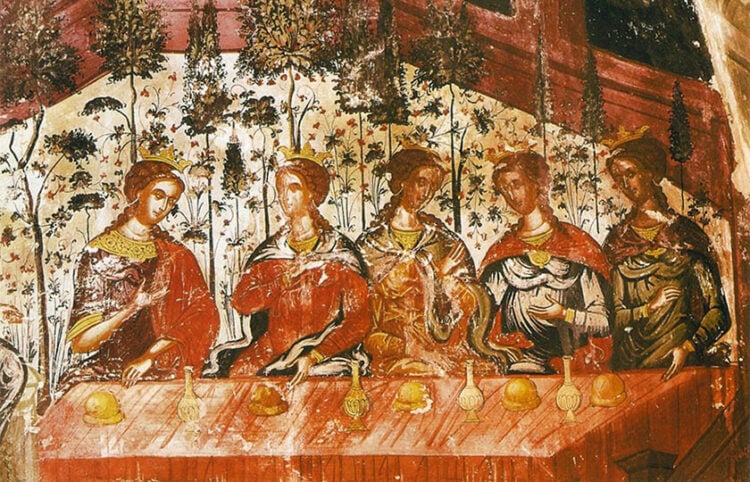 Η παραβολή των Δέκα Παρθένων σε τοιχογραφία της μονής Αγίου Νικολάου Φιλανθρωπηνών (πηγή: antifono.gr)