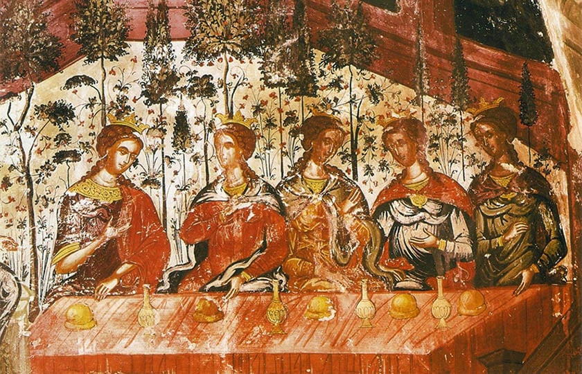 Η παραβολή των Δέκα Παρθένων σε τοιχογραφία της μονής Αγίου Νικολάου Φιλανθρωπηνών (πηγή: antifono.gr)