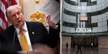 Αριστερά ο Ντόναλντ Τραμπ και δεξιά τα γραφεία του BBC (φωτ.: EPA/Aaron Schwartz/POOL/Andy Rain)