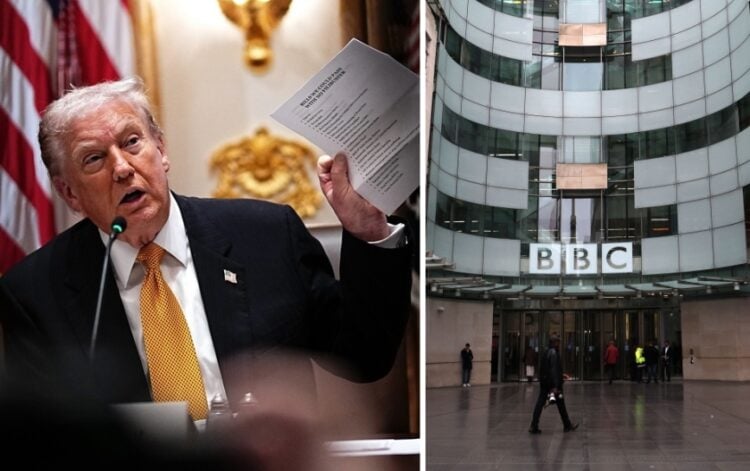 Αριστερά ο Ντόναλντ Τραμπ και δεξιά τα γραφεία του BBC (φωτ.: EPA/Aaron Schwartz/POOL/Andy Rain)