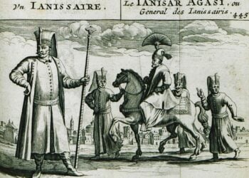 Ο Αγάς των Γενιτσάρων, επικεφαλής του σώματος των Γενιτσάρων, στην Οθωμανική Αυτοκρατορία (πηγή: Γεννάδειος Βιβλιοθήκη - Αμερικανική Σχολή Κλασικών Σπουδών στην Αθήνα/ RYCAUT, Paul. «Histoire de l'état present de l'Empire Ottoman, contenant les maximes politiques des Turcs, les principaux points de la religion mahometane, ses sectes, ses héresies, & ses diverses sortes de religieux, leur discipline militaire, avec une supputation exacte de leurs forces par mer & par terre, & du revenu de l'état», Άμστερνταμ, Abraham Wolfgank, 1670)