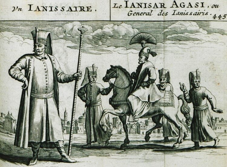 Ο Αγάς των Γενιτσάρων, επικεφαλής του σώματος των Γενιτσάρων, στην Οθωμανική Αυτοκρατορία (πηγή: Γεννάδειος Βιβλιοθήκη - Αμερικανική Σχολή Κλασικών Σπουδών στην Αθήνα/ RYCAUT, Paul. «Histoire de l'état present de l'Empire Ottoman, contenant les maximes politiques des Turcs, les principaux points de la religion mahometane, ses sectes, ses héresies, & ses diverses sortes de religieux, leur discipline militaire, avec une supputation exacte de leurs forces par mer & par terre, & du revenu de l'état», Άμστερνταμ, Abraham Wolfgank, 1670)