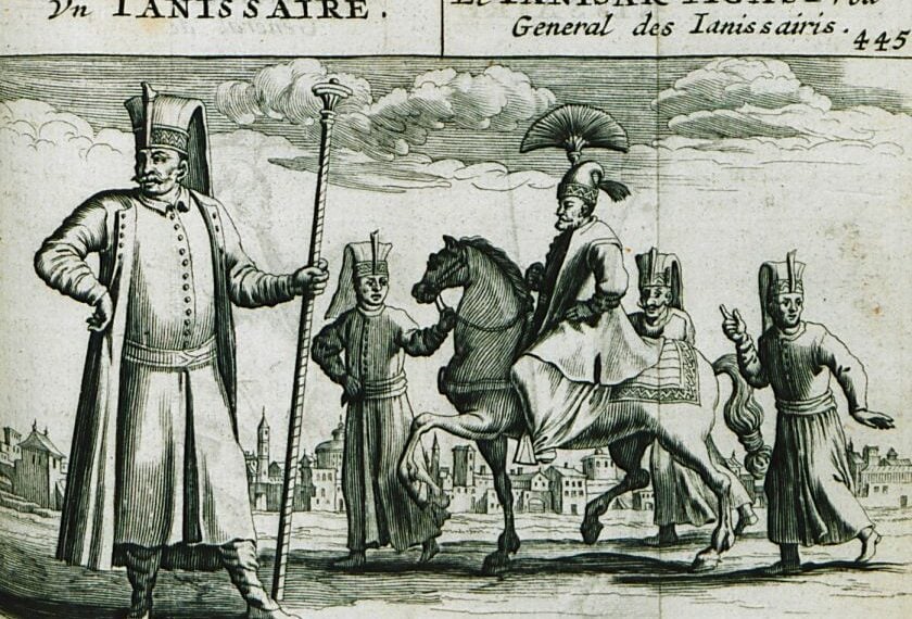 Ο Αγάς των Γενιτσάρων, επικεφαλής του σώματος των Γενιτσάρων, στην Οθωμανική Αυτοκρατορία (πηγή: Γεννάδειος Βιβλιοθήκη - Αμερικανική Σχολή Κλασικών Σπουδών στην Αθήνα/ RYCAUT, Paul. «Histoire de l'état present de l'Empire Ottoman, contenant les maximes politiques des Turcs, les principaux points de la religion mahometane, ses sectes, ses héresies, & ses diverses sortes de religieux, leur discipline militaire, avec une supputation exacte de leurs forces par mer & par terre, & du revenu de l'état», Άμστερνταμ, Abraham Wolfgank, 1670)