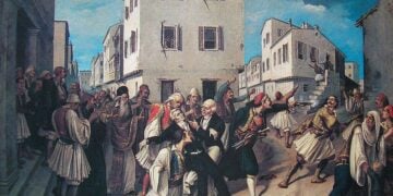 Ο φόνος του Καποδίστρια. Πίνακας του Χαράλαμπου Παχή (1844–1891) (πηγή: Corfu Municipal Library)