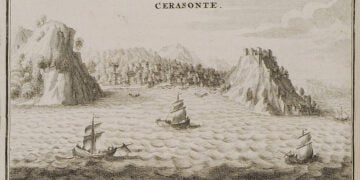 Πλοία στο λιμάνι της Κερασούντας. Από βιβλίο του Ζοζέφ Πιτόν ντε Τουρνεφόρ  που εκδόθηκε το 1717 στο Παρίσι (πηγή: Βιβλιοθήκη Ιδρύματος Αικατερίνης Λασκαρίδη)