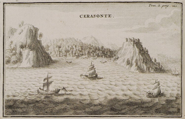 Πλοία στο λιμάνι της Κερασούντας. Από βιβλίο του Ζοζέφ Πιτόν ντε Τουρνεφόρ που εκδόθηκε το 1717 στο Παρίσι (πηγή: Βιβλιοθήκη Ιδρύματος Αικατερίνης Λασκαρίδη)