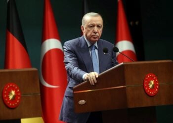 Ο Τούρκος πρόεδρος Ρετζέπ Ταγίπ Ερντογάν  κατά τη διάρκεια συνέντευξης Τύπου στο Προεδρικό Μέγαρο στην Άγκυρα (φωτ.: EPA/ NECATI SAVAS)