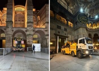 Μεγάλα φορτηγά φαίνονται να εισέρχονται στον ναό της Αγια-Σοφιάς (φωτ.: Instagram/sanattarihiplatformu)