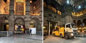 Μεγάλα φορτηγά φαίνονται να εισέρχονται στον ναό της Αγια-Σοφιάς (φωτ.: Instagram/sanattarihiplatformu)