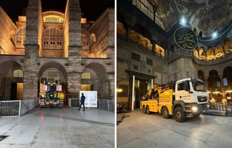 Μεγάλα φορτηγά φαίνονται να εισέρχονται στον ναό της Αγια-Σοφιάς (φωτ.: Instagram/sanattarihiplatformu)