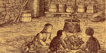 Σκίτσο του Χρήστου Δημάρχου με τίτλο «Στη θαλπωρή της οικογενειακής εστίας» – Μια εικόνα κατεξοχήν χειμωνιάτικη