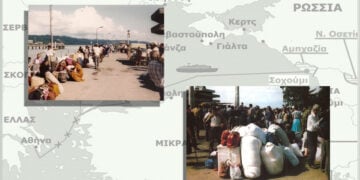 Οι πρόσφυγες στο λιμάνι, και στο φόντο η πορεία του πλοίου της προσφυγιάς (οι φωτογραφίες είναι του Βλάση Αγτζίδη· εικ.: ΧΚ)